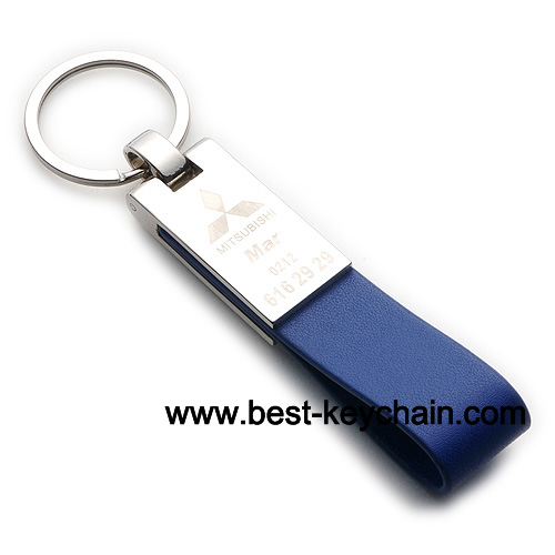 laser logo blue pu leather silver metal keychain