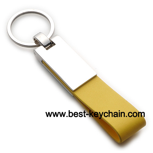laser logo yellow pu leather silver metal keyring