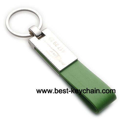 laser logo green pu leather silver metal keychain